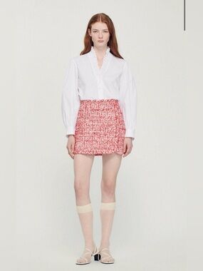 Sandro ($368) Red & White Tweed Skirt with Metallic Thread
